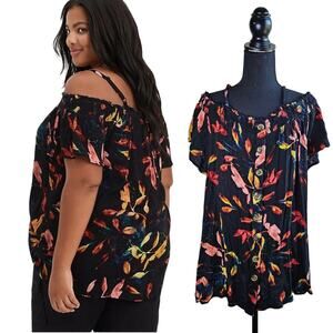 TORRID Black Floral Button UP Gauze Off Shoulder Casual Feminine Top Blouse 1X
